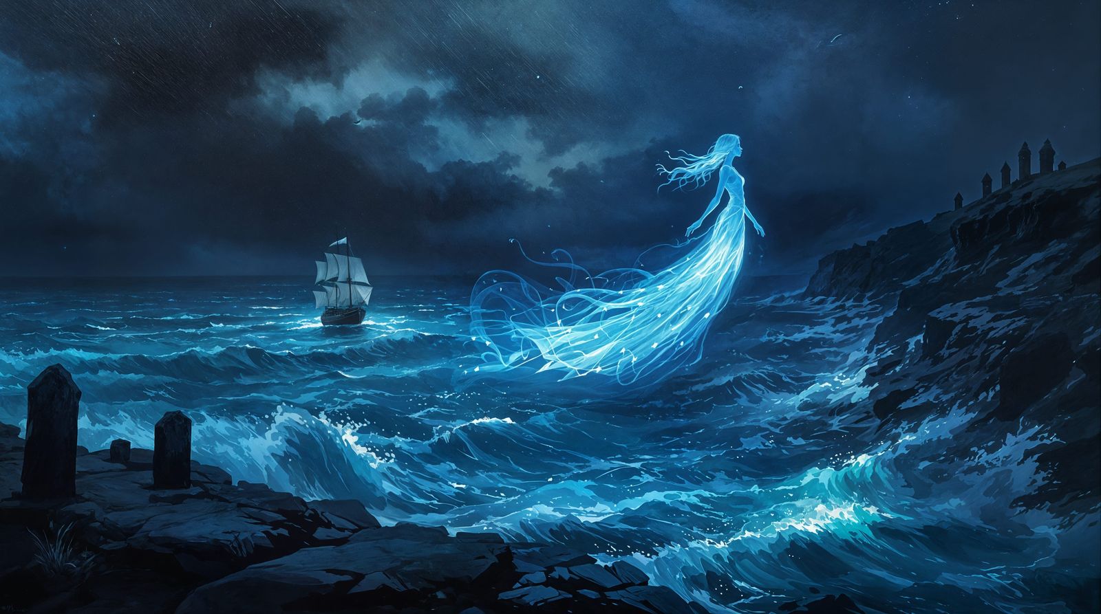 Glowing Spectral Woman in Stormy Night Sky