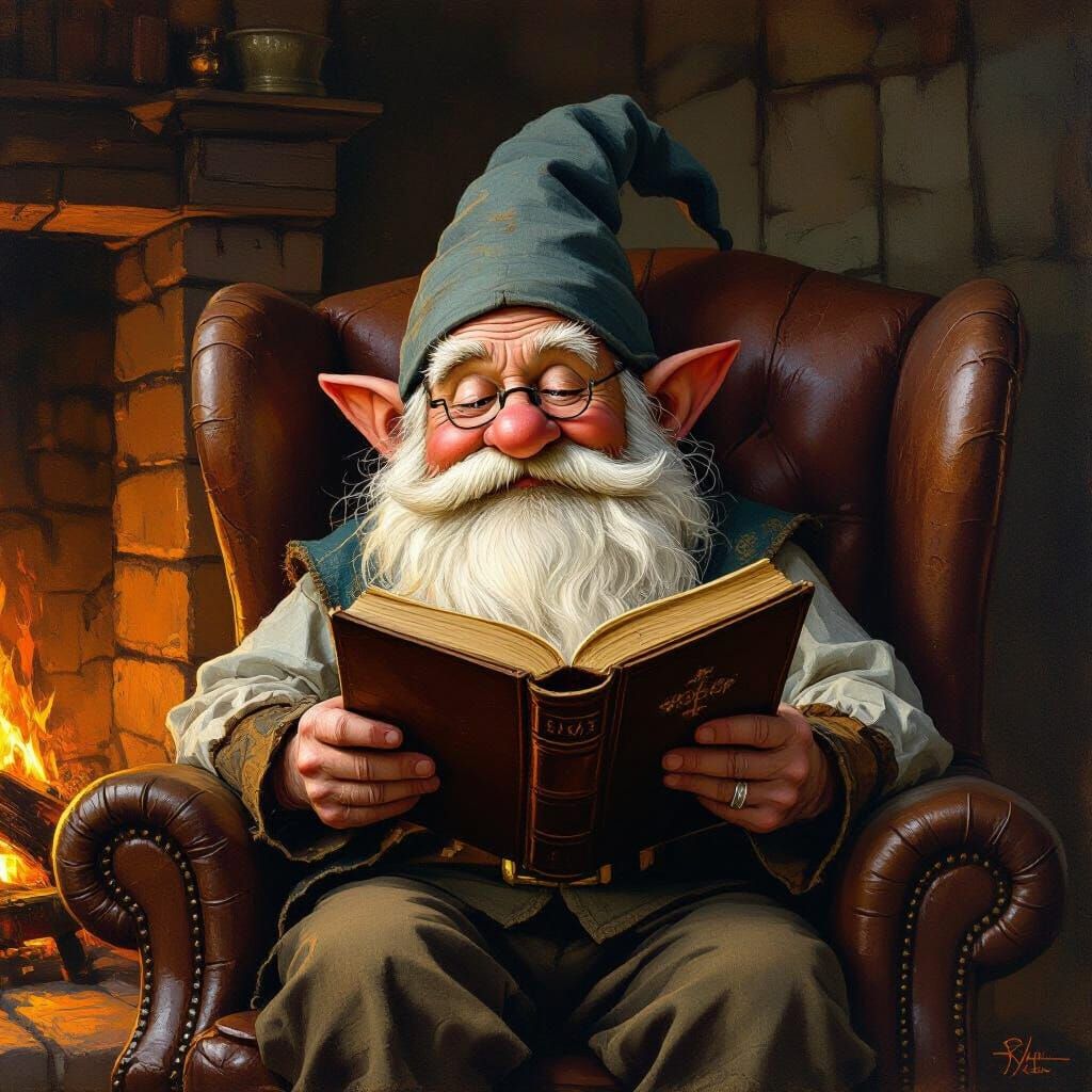 Gnome Reading by Fireplace in Baroque Style