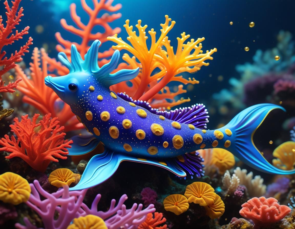 Nudibranch and Kintsugi Seahorse in Coral Reef