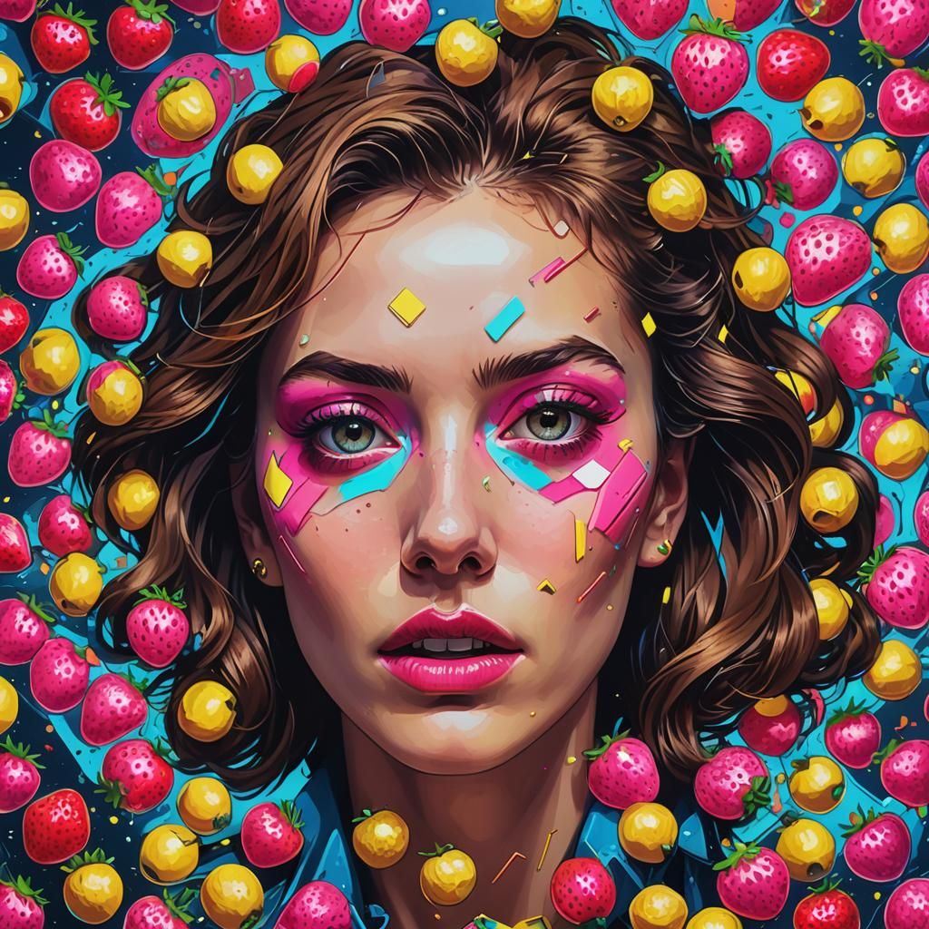 Cyberpunk Pop Art: Bored Woman and Strawberry Bombs