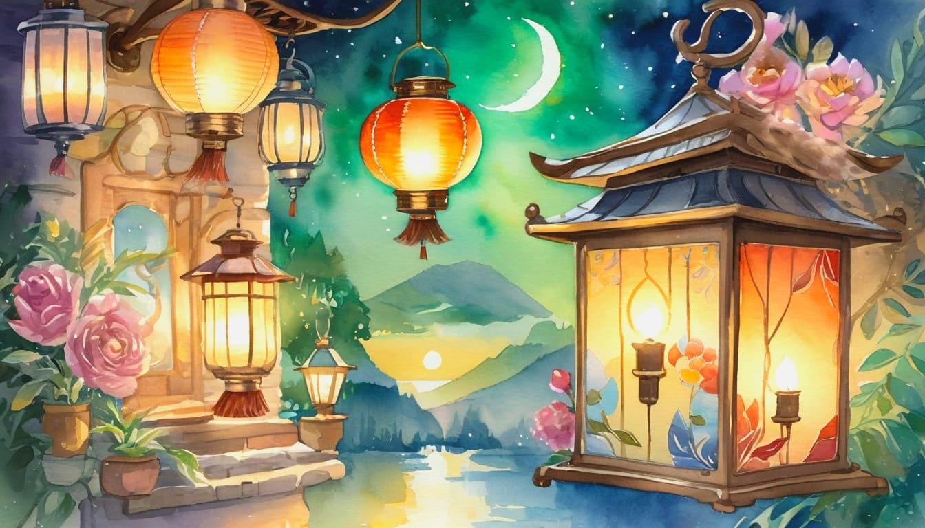 Lantern Shop in Whimsical Watercolor Style