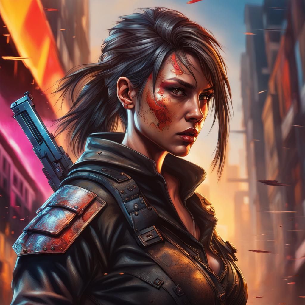 Hyperrealistic Female Warrior in Urban Setting