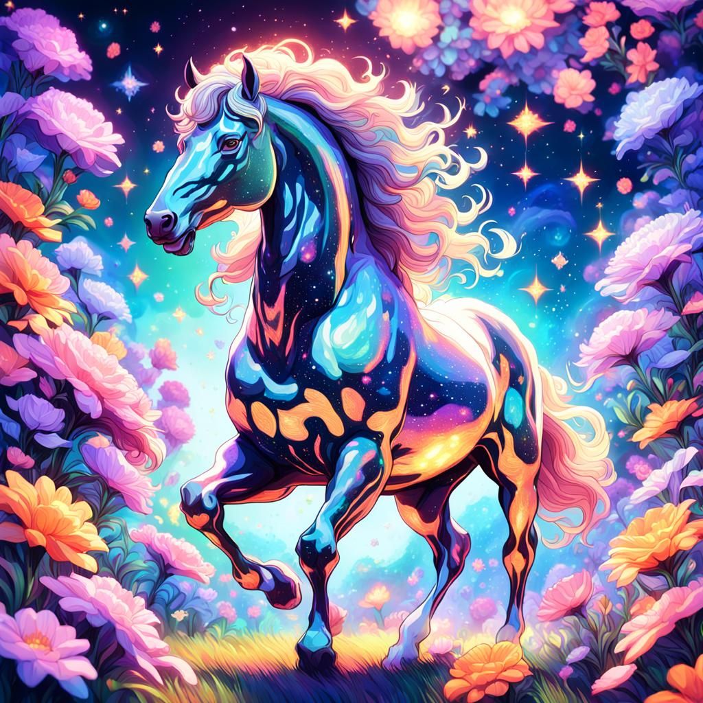 Astral Centaur in Cosmic Meadow, Holographic Illustration