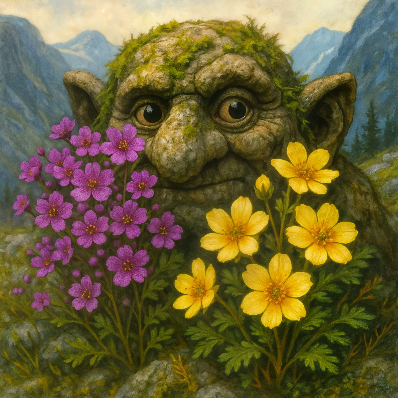 Mossy Stone Troll Amidst Vibrant Alpine Wildflowers