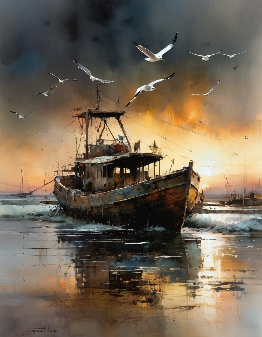 Seagulls Fly Over Rustic Boat at Sunset