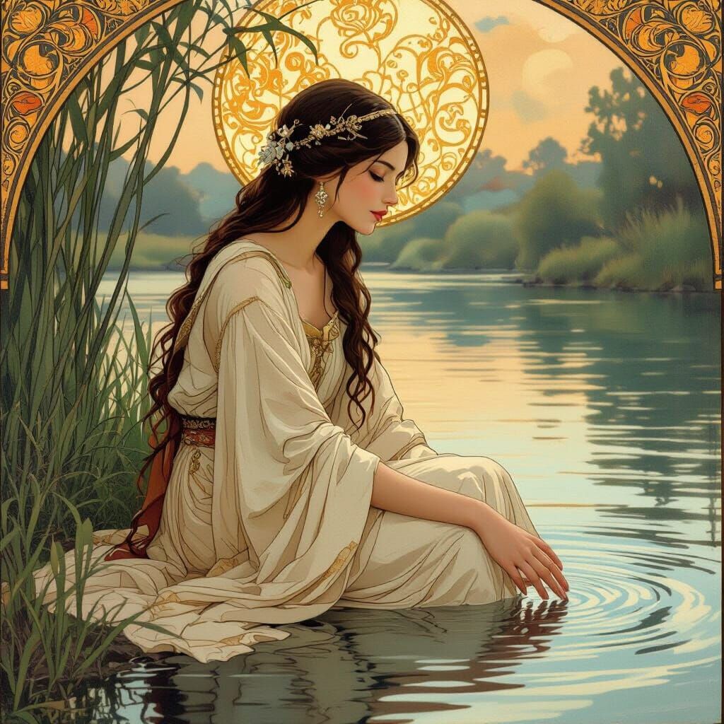 Ancient Girl by River in Golden Hues and Elegant Lines