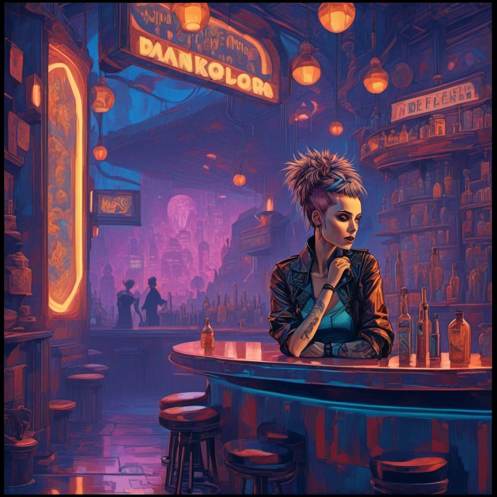 A beautiful Punk woman Leaning against the counter in a a Cyberpunk Dieselpunk bar in a dystopian city, art deco, Glowin...