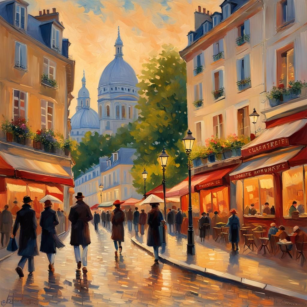 Vibrant Montmartre Street Scene in Impressionist Style