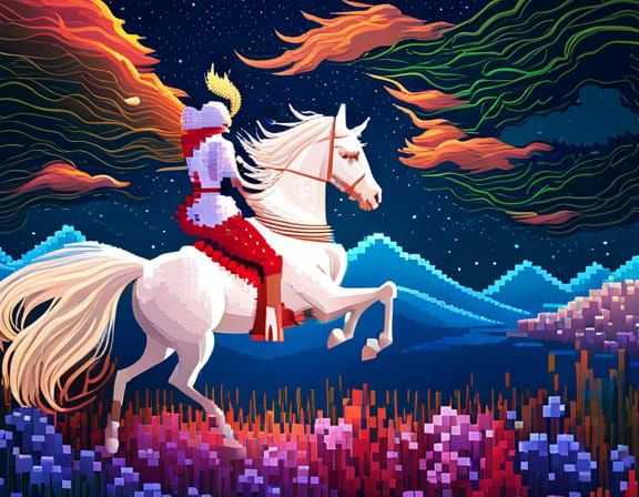 Pixel Art Knight Rides Cosmic Horse