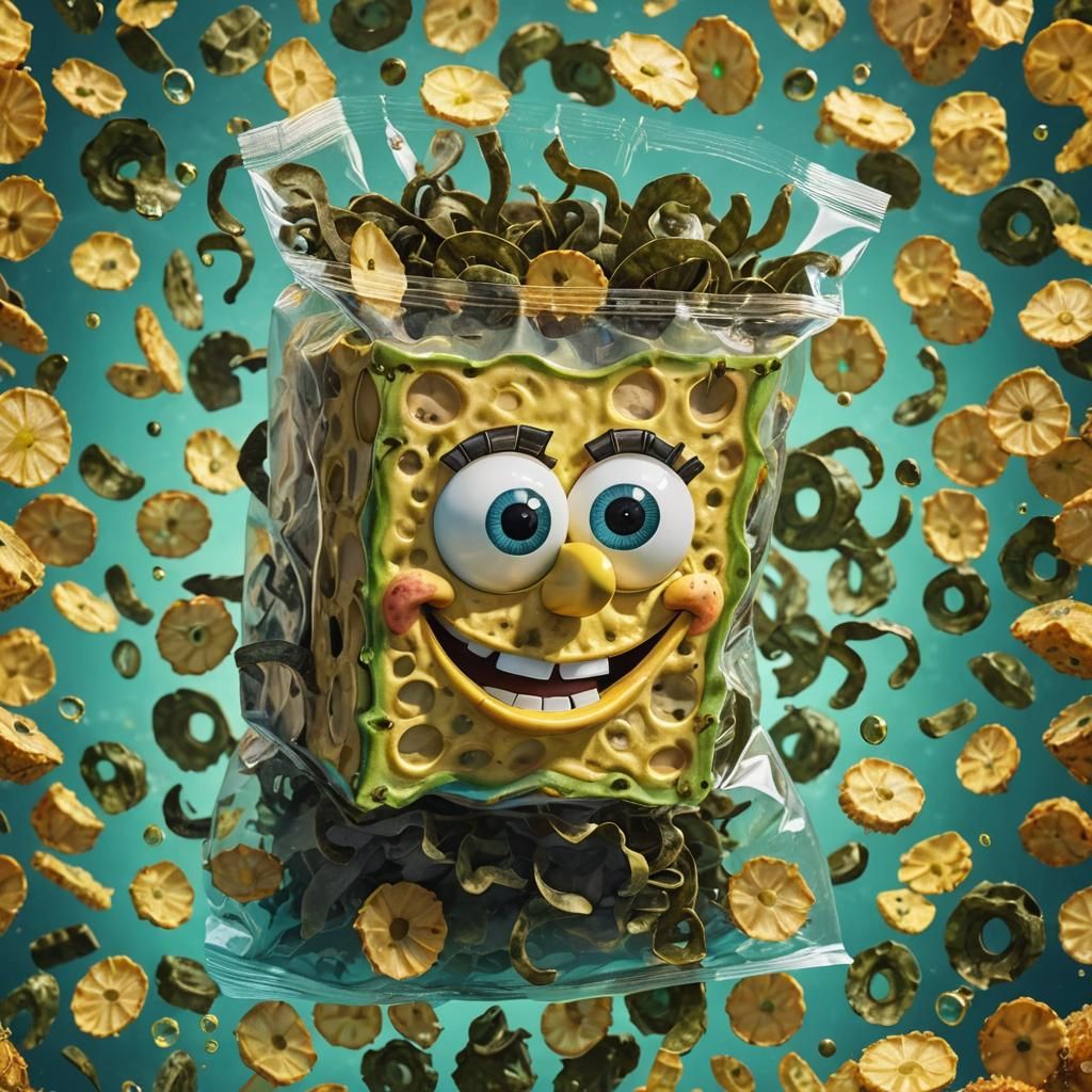 Realistic SpongeBob with a bag of chips