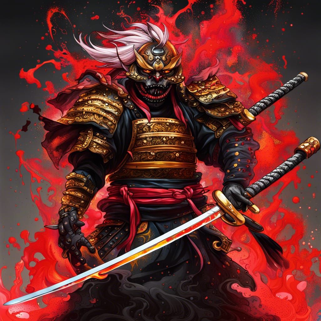 Fiery Samurai Cat Graffiti Art
