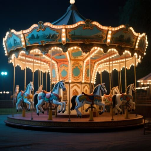 Realistic 1920s Carousel at Night in Vivid Colors