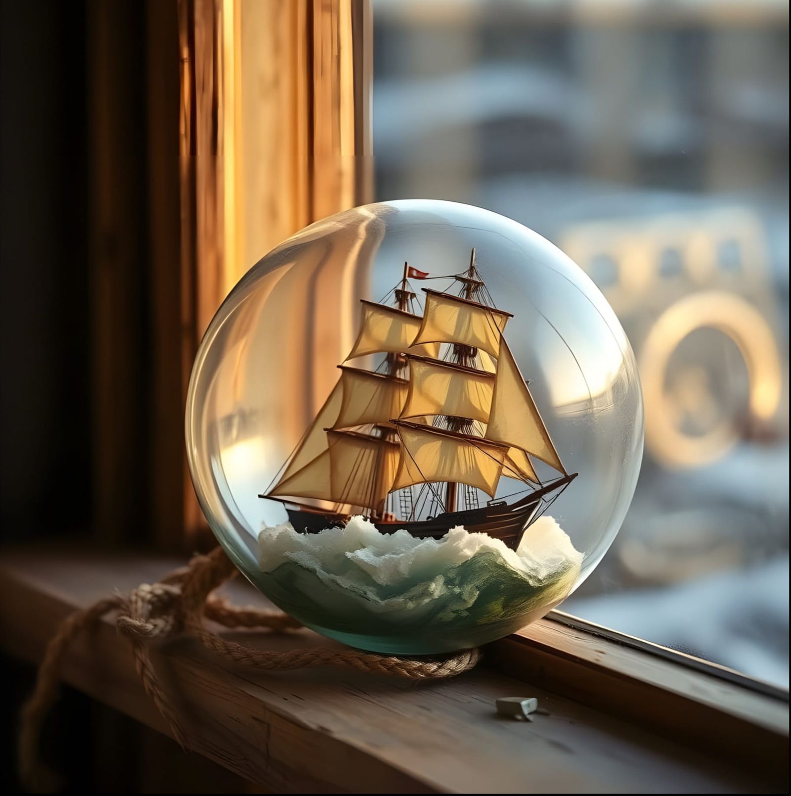 Miniature Sailing Ship in Glass Float Window Scene