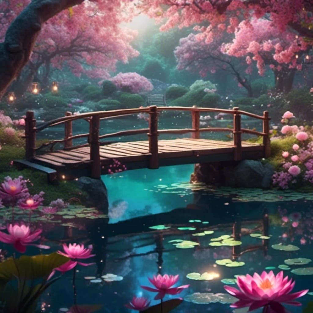 Tranquil Garden Scene with Cherry Blossoms in Matte Painting...