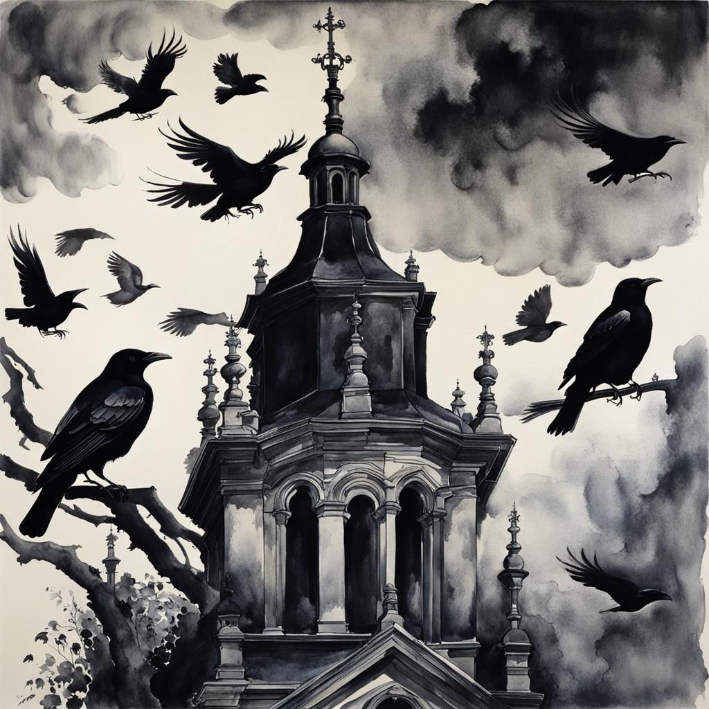 Crows on Church Tower: Ink Wash Study