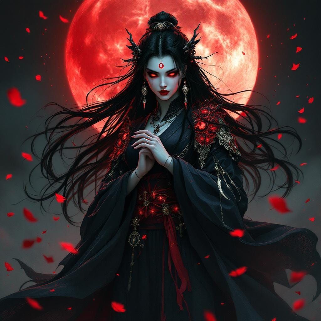 Mystical Warrior Woman Under Blood-Red Moon