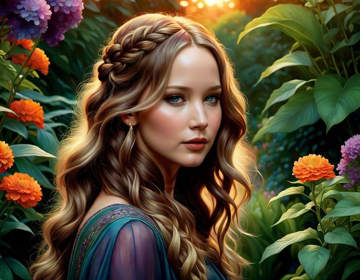 Lush Garden Portrait in Art Nouveau Style