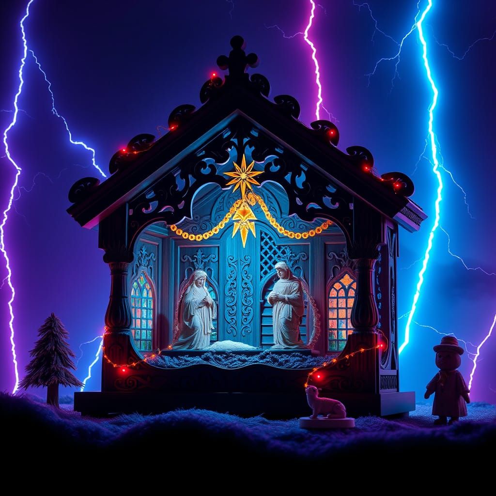 Majestic Futuristic Christmas Crib Illuminated by Neon Light...