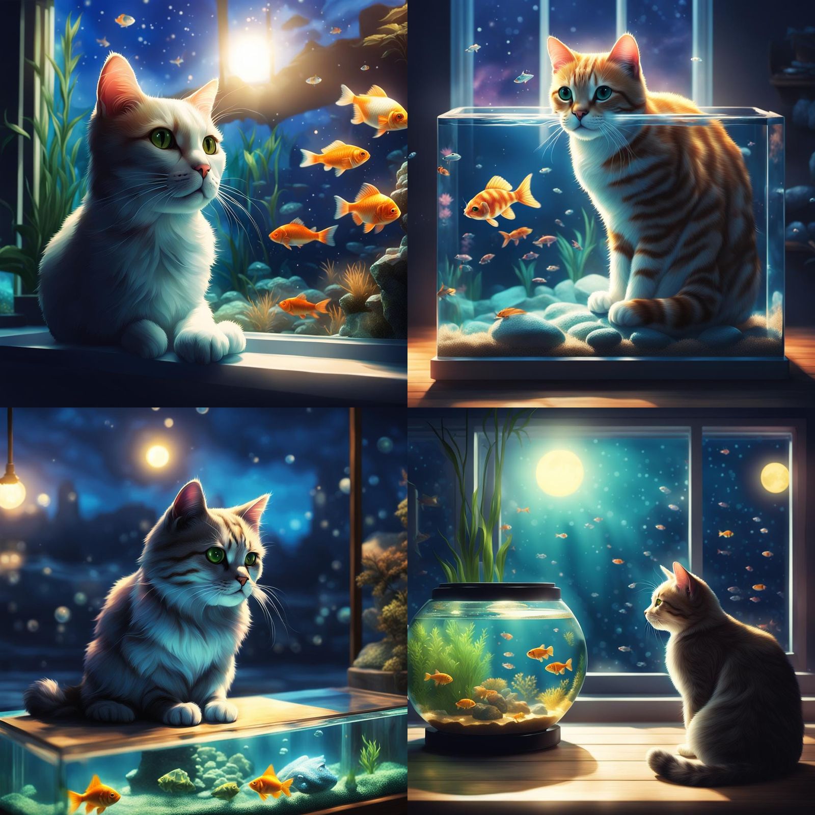 Cat Stares at Fish Tank in Twilight Anime Fantasy