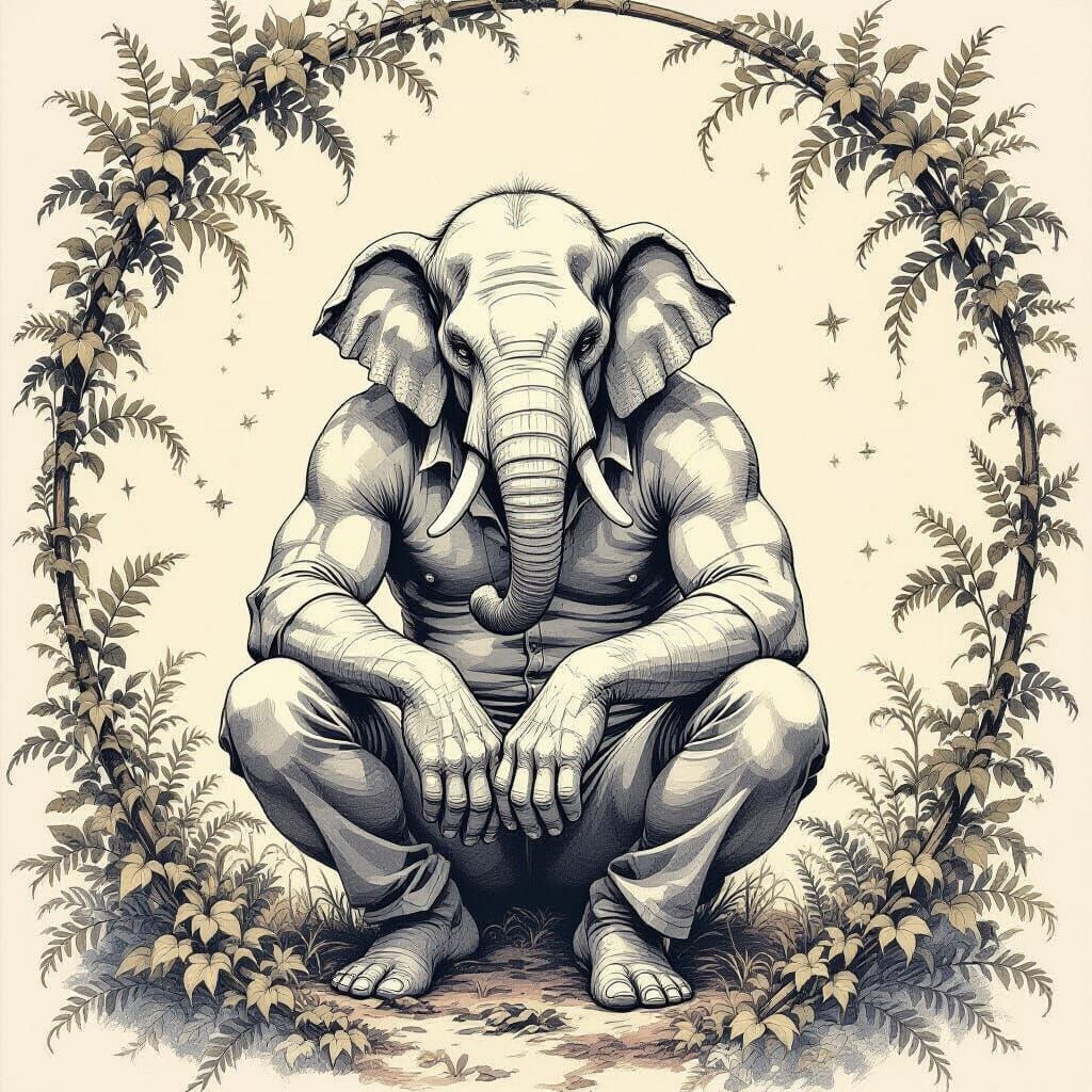 Serene Elephant Man in Whimsical Fantasy Forest