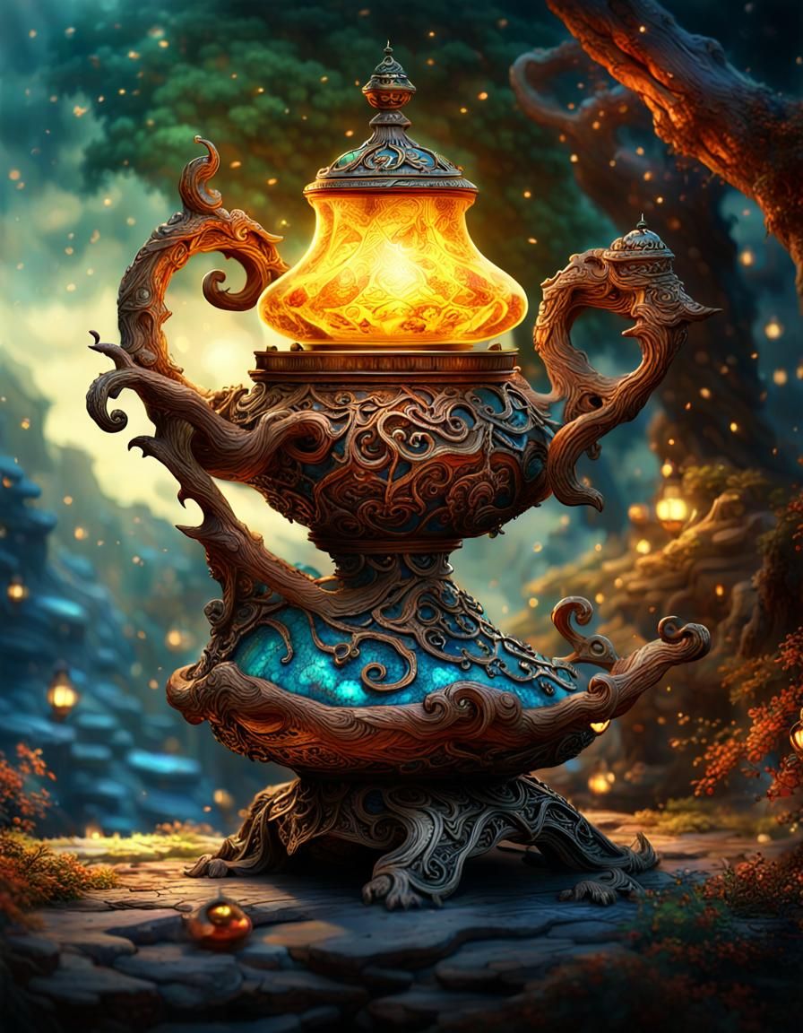 Enchanted Lamp with Djinn, Arthur Rackham Style