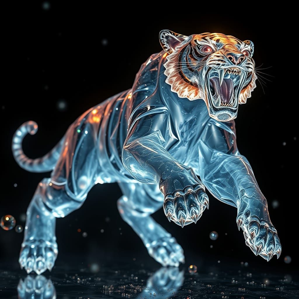 Glowing Glass Sabertooth Tiger in Futuristic Style