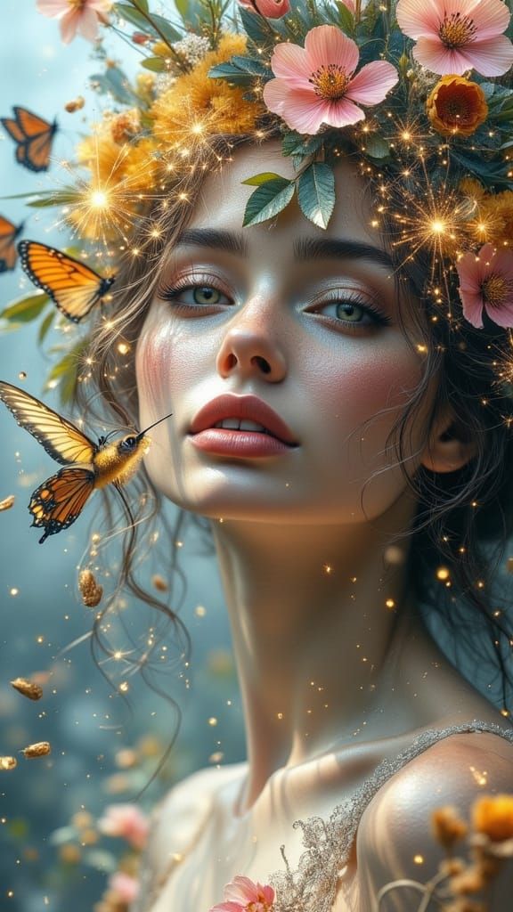 Ethereal Woman Adorned with Nature and Music