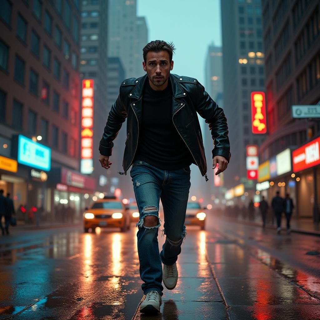 Desperate Man on the Run in Rainy Cityscape