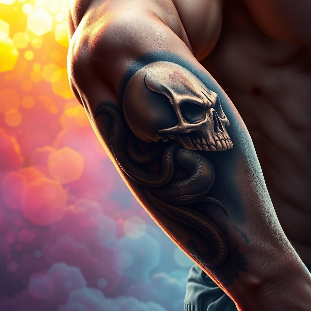 Skull and Snake Tattoo Art on Muscular Forearm