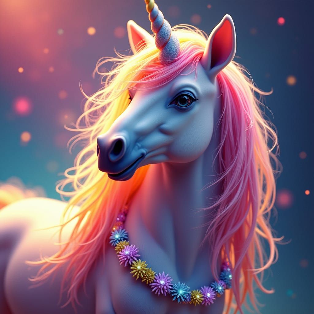 Rainbow Pony with Sparkling Garland in Hyperrealistic Style