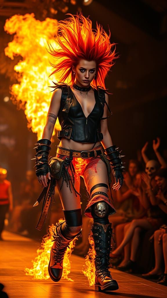 imagine a punk rock fire elemental storming down a runway engulfed in flames, her outfit a chaotic mix of tattered leath...