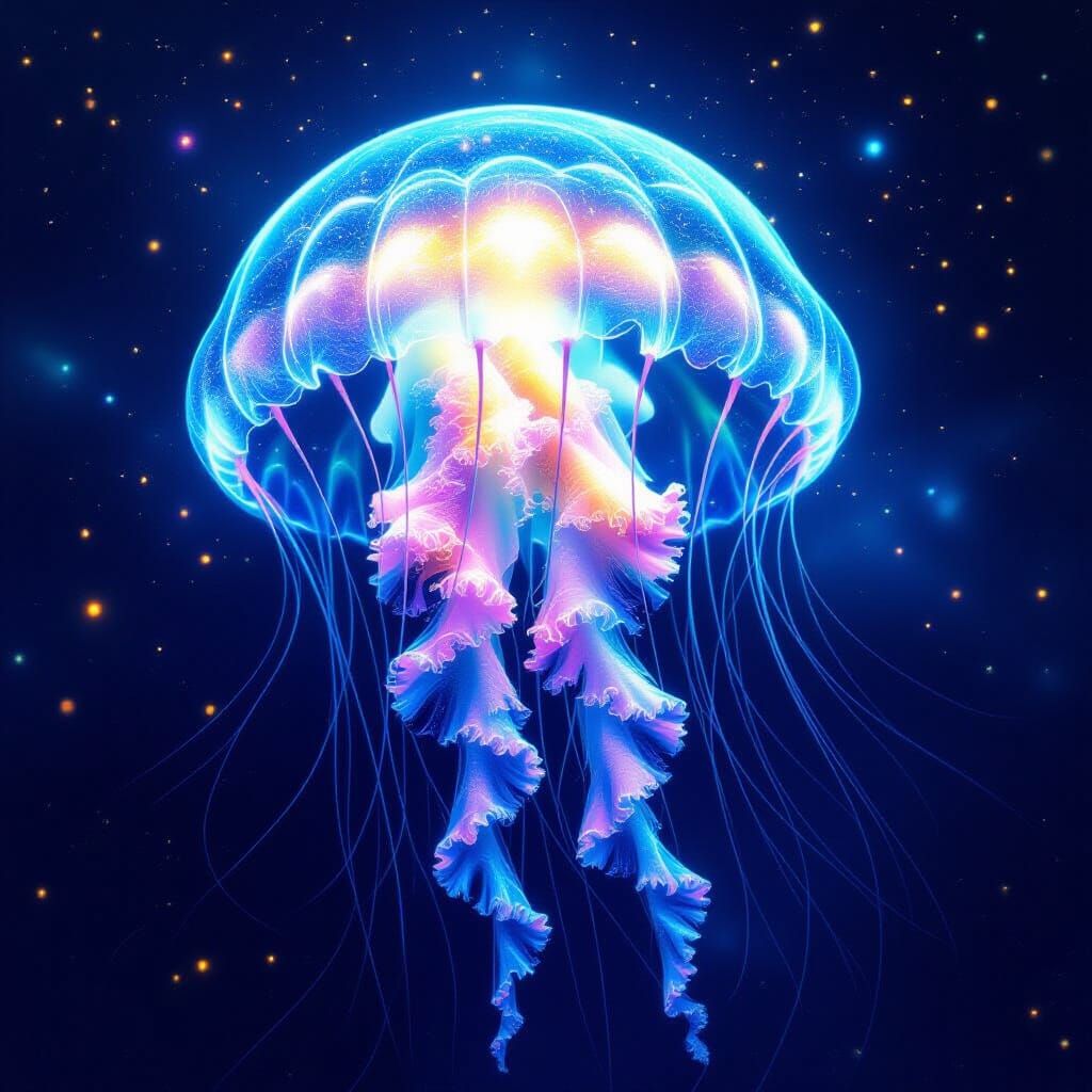 Bioluminescent Jellyfish Drifting Through Nebula in Surreal ...