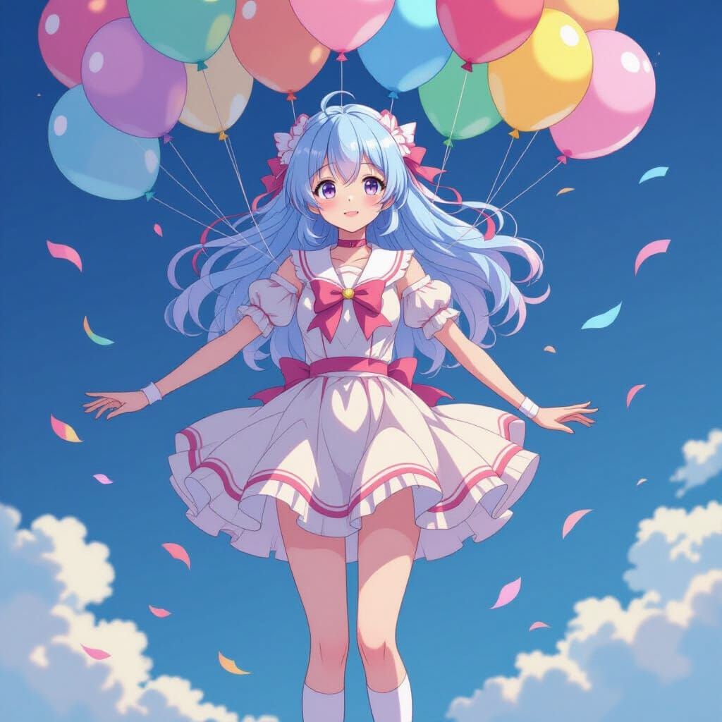 Floating Helium Anime Girl in Cel-Shaded Style