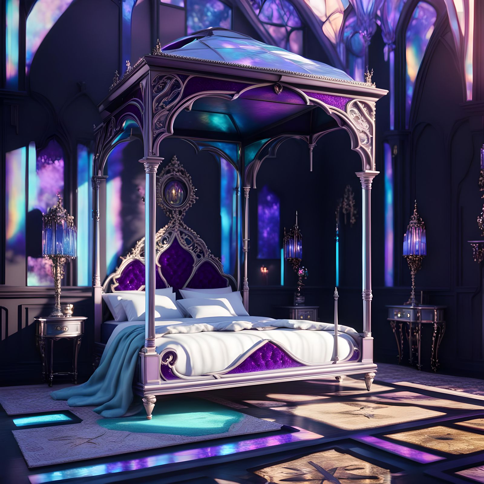 Epic holographic purple gothic bedroom with holographic purple walls and holographic purple gothic bed& multi chromatic ...
