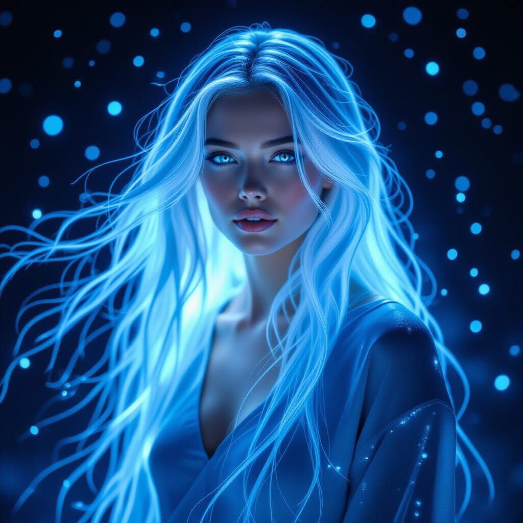 Luminous Woman with Flowing Blue Hair in Digital Art