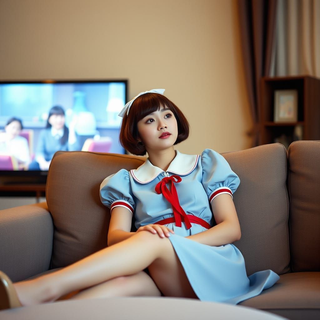 Charming Young Woman Watches TV on Plush Sofa