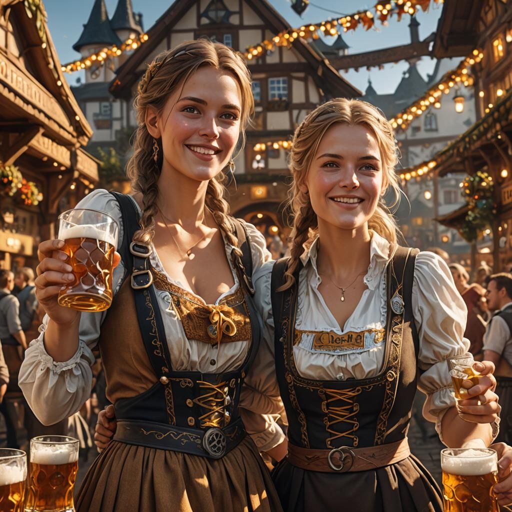 Oktoberfest Woman with Beer Mugs: Fantasy Concept Art