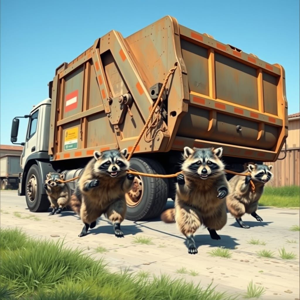 Raccoons Pulling a Garbage Truck with Ropes