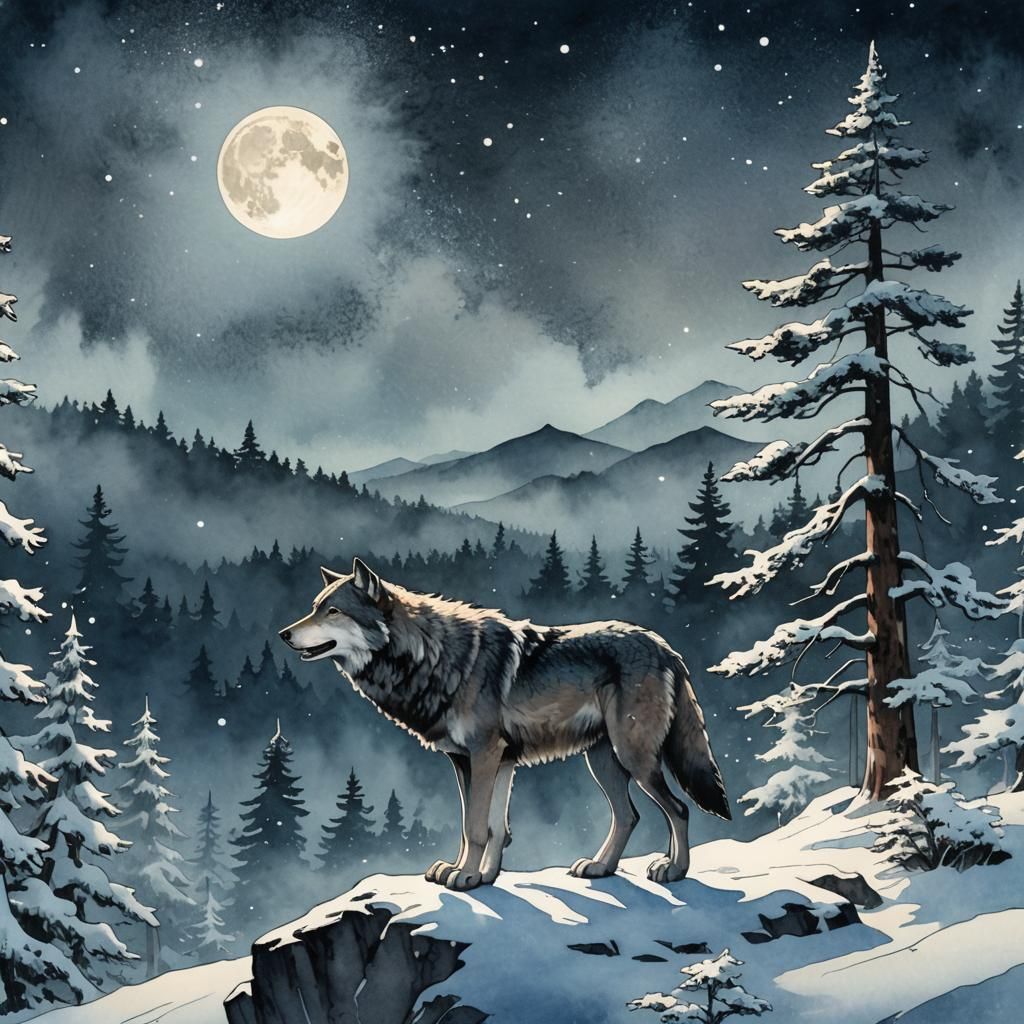 Lone Wolf Howling Under Aurora, Ukiyo-e Style