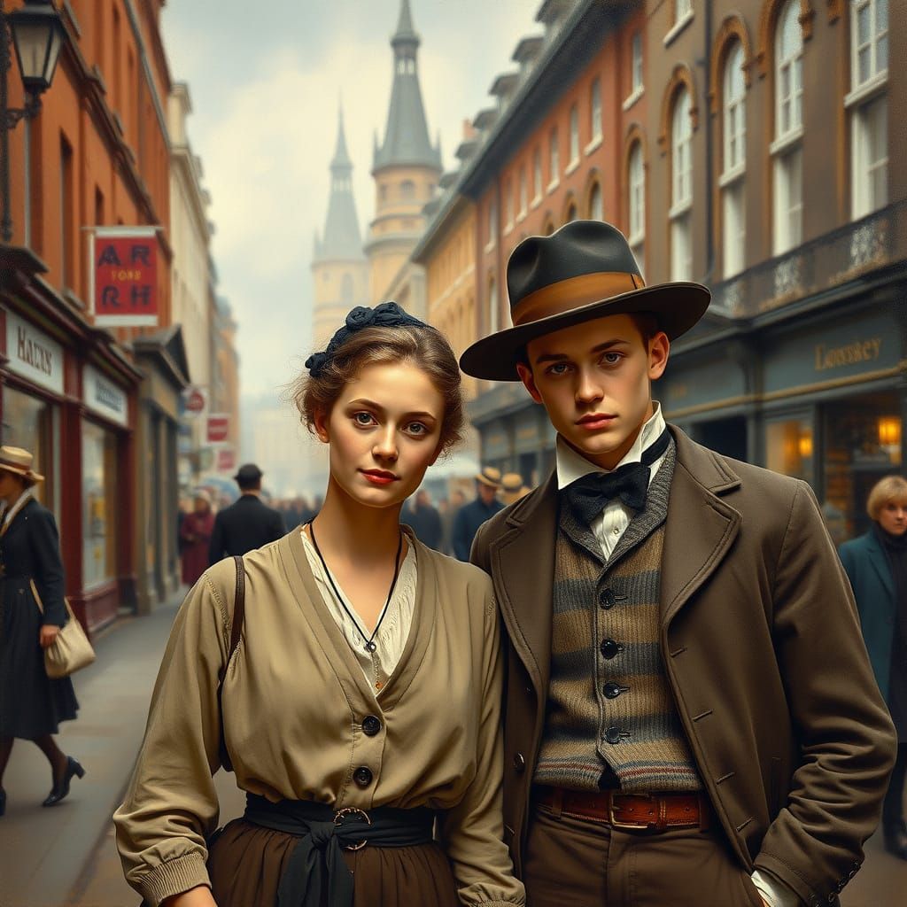 Late Victorian Couple Amidst London's Bustling Streets in Ma...