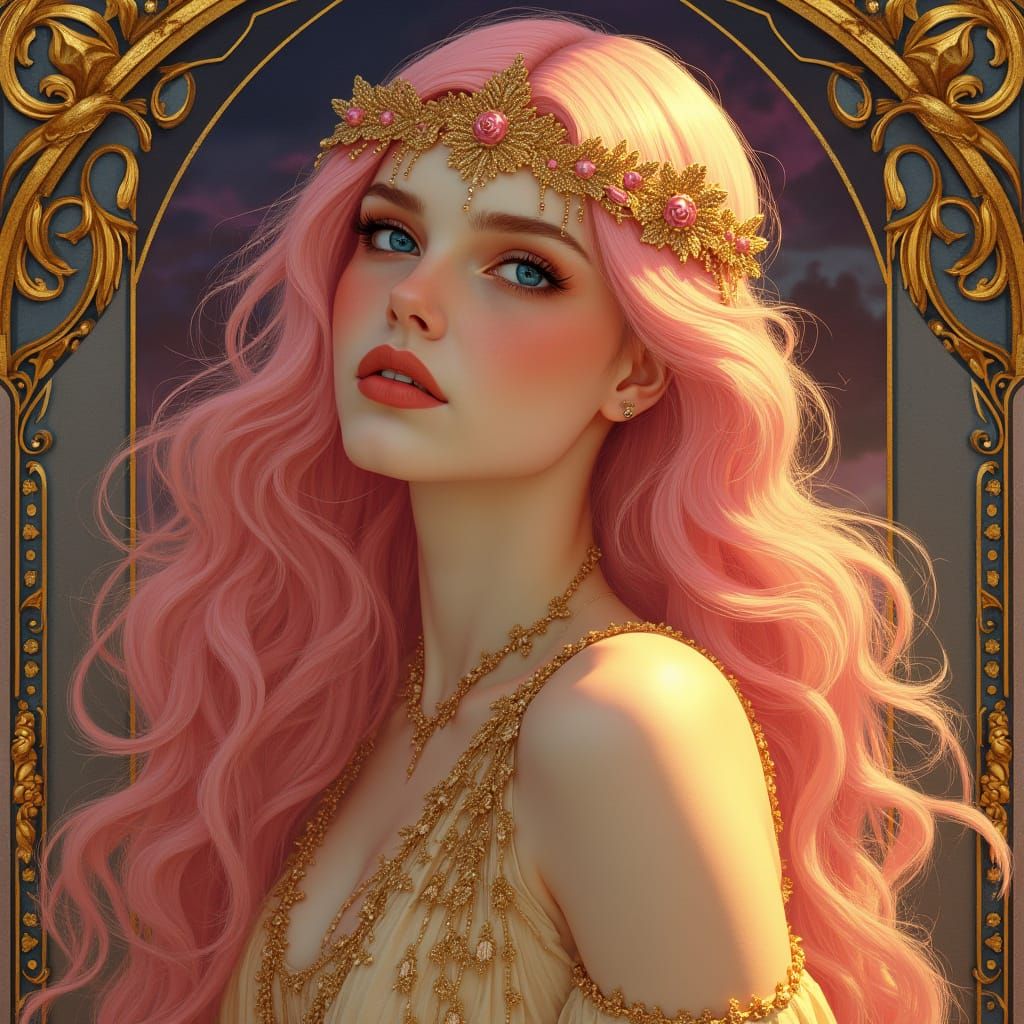 Art Nouveau Woman in Gilded Opulence and Violet Sunset