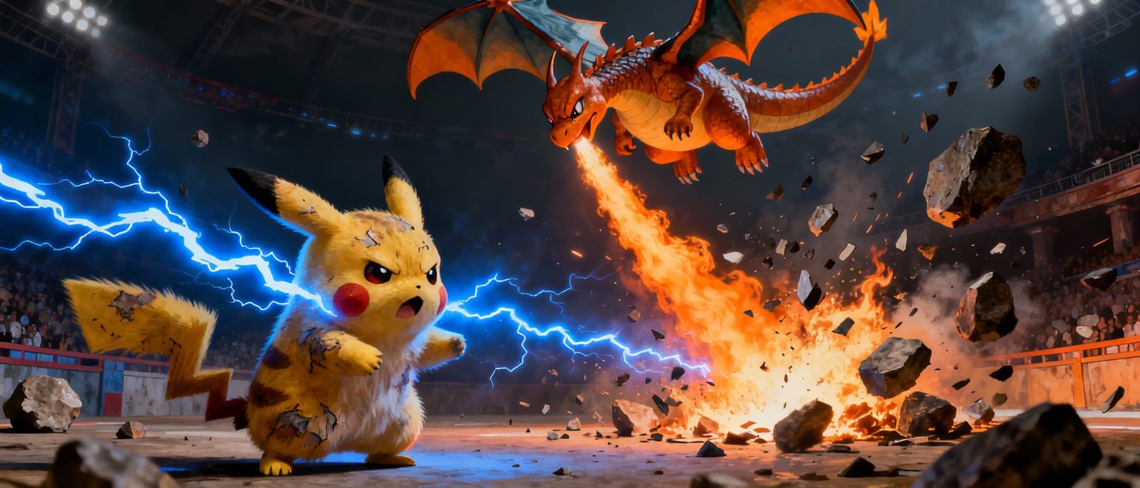 Pikachu and Charzard Battle in Exploding Pokémon Arena