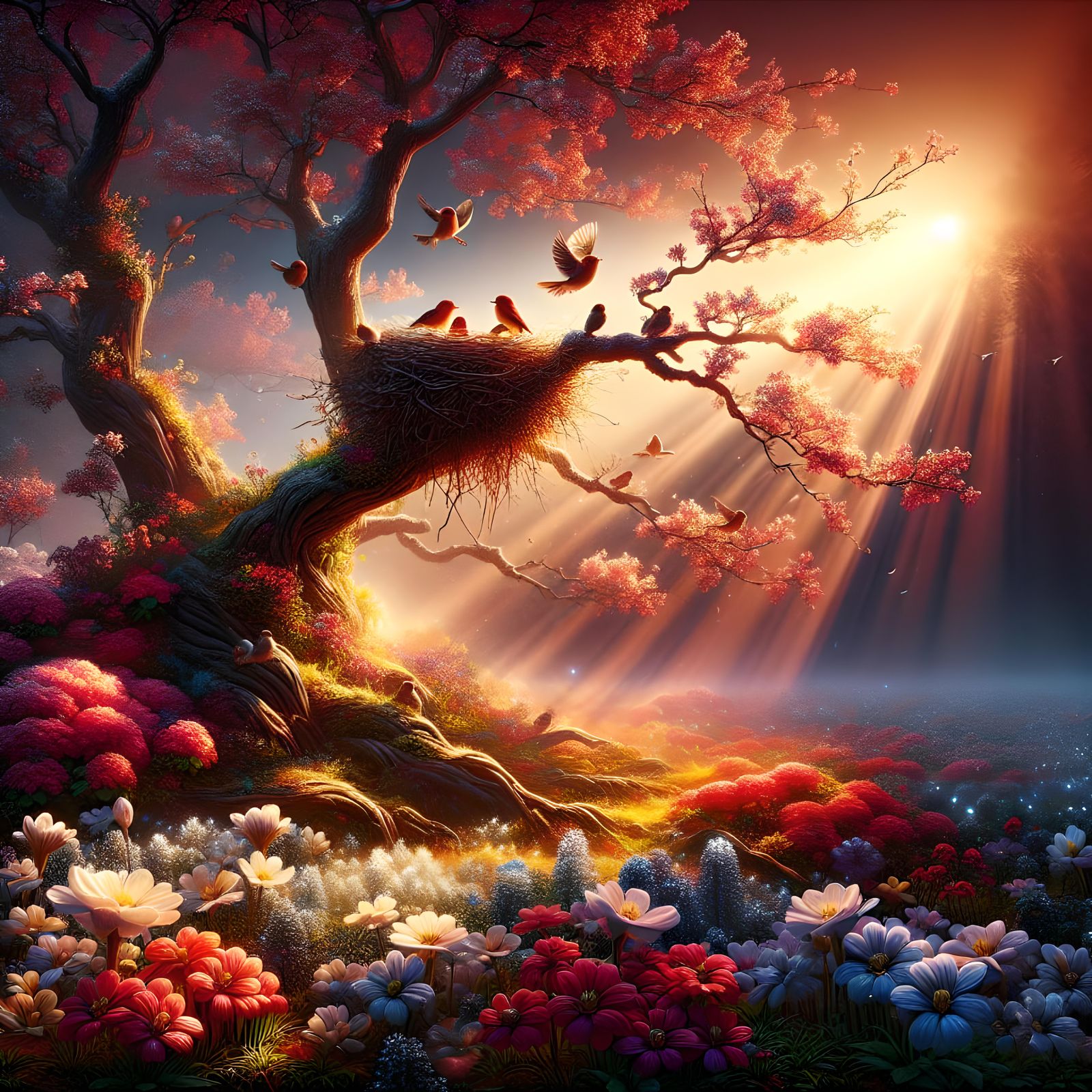 Spring Nest with Red Birds in Morning Mist