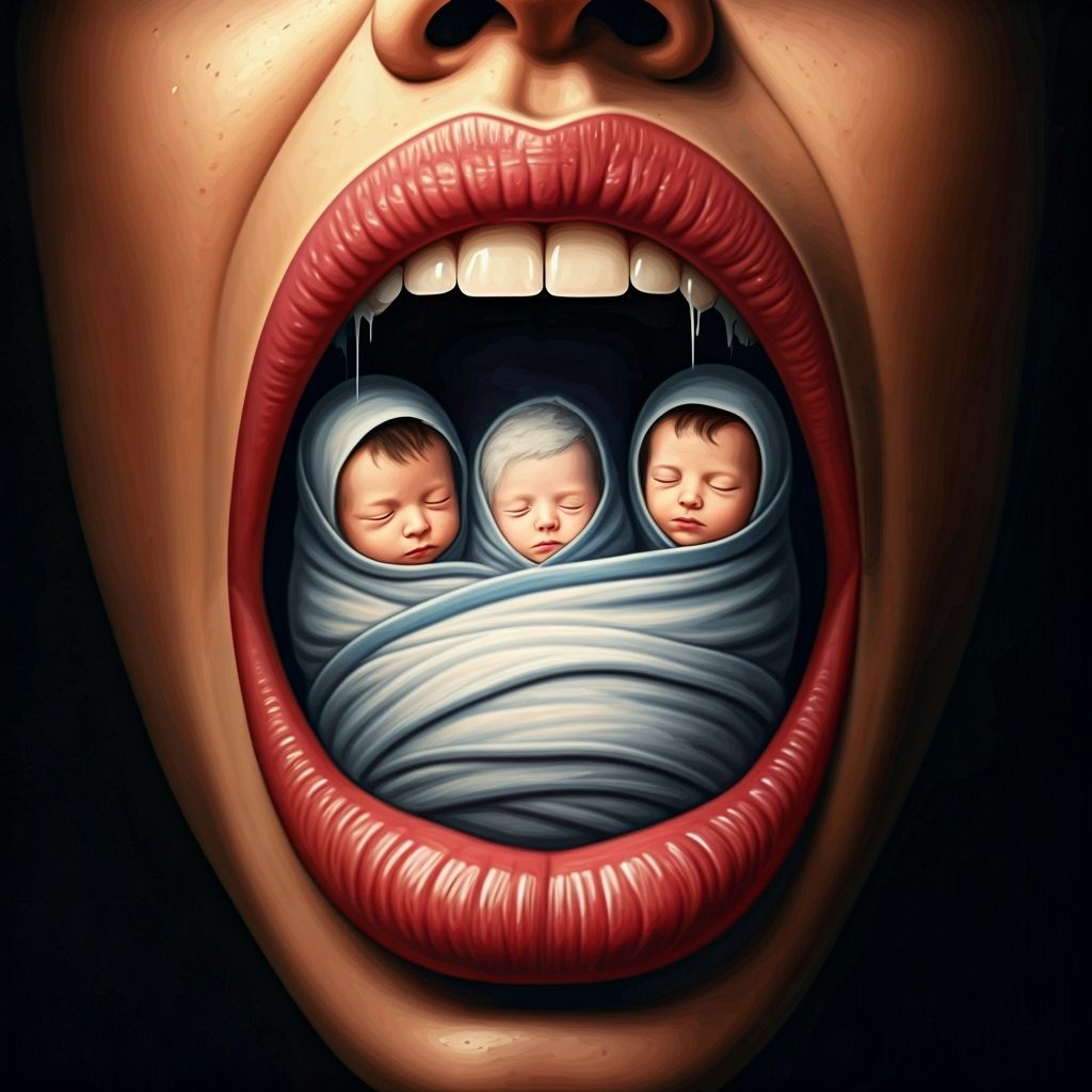 Surreal Mouth Holds Swaddled Children