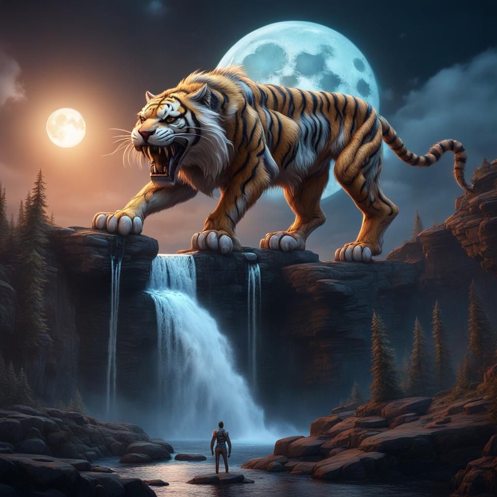 Mechanical Saber-Tooth Tiger on Cliffside Under Moonlight