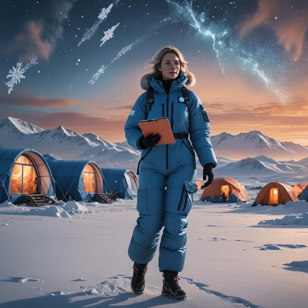 Arctic Base Camp: Woman in Blue Down Suit
