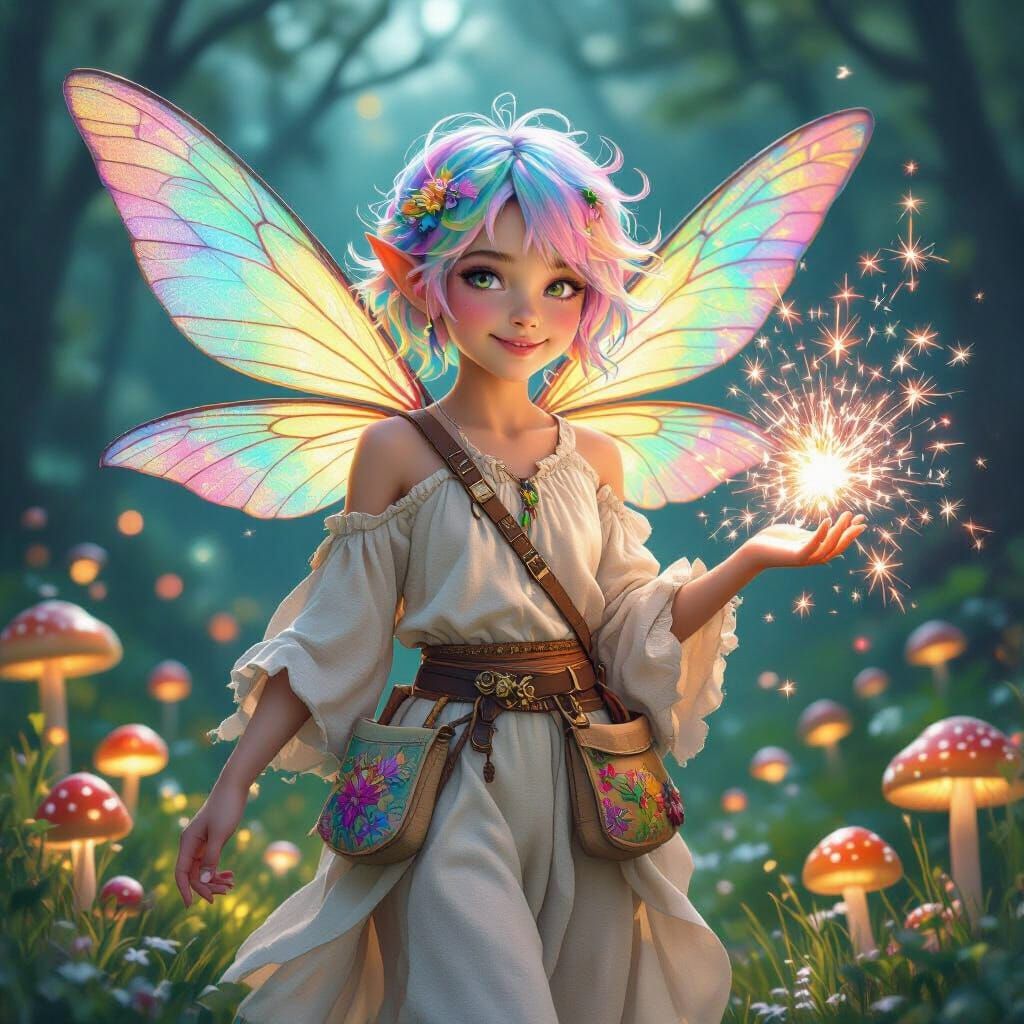 Whimsical Fairy in Glowing Forest, Digital Art