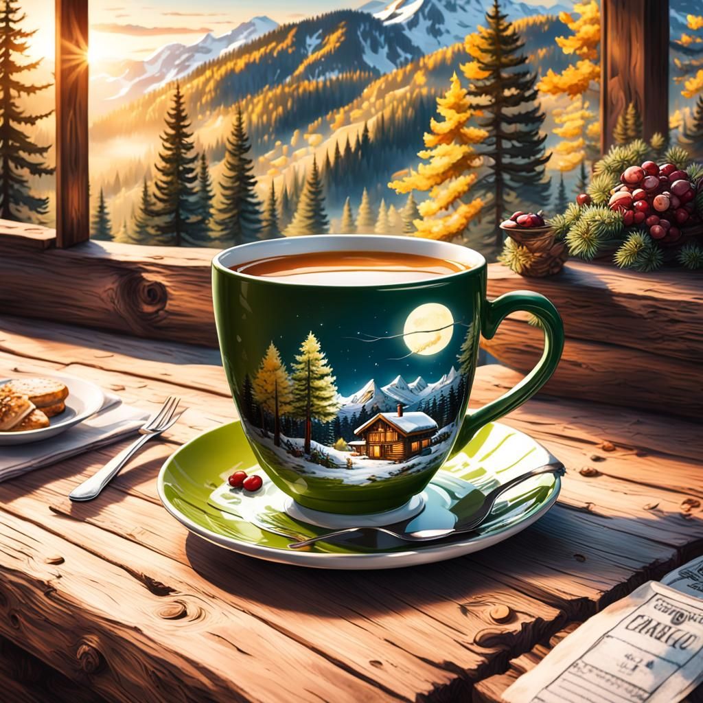Mountain Chalet Coffee: Detailed Matte Painting