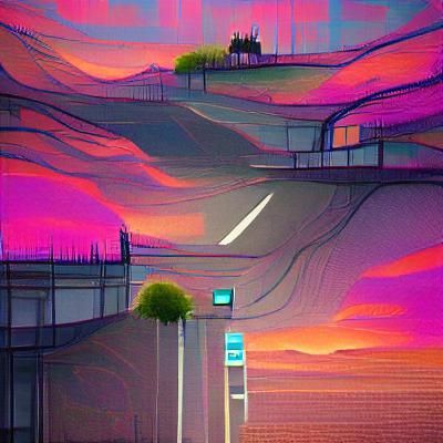 Cyberpunk Sunset Over an Unusual Road