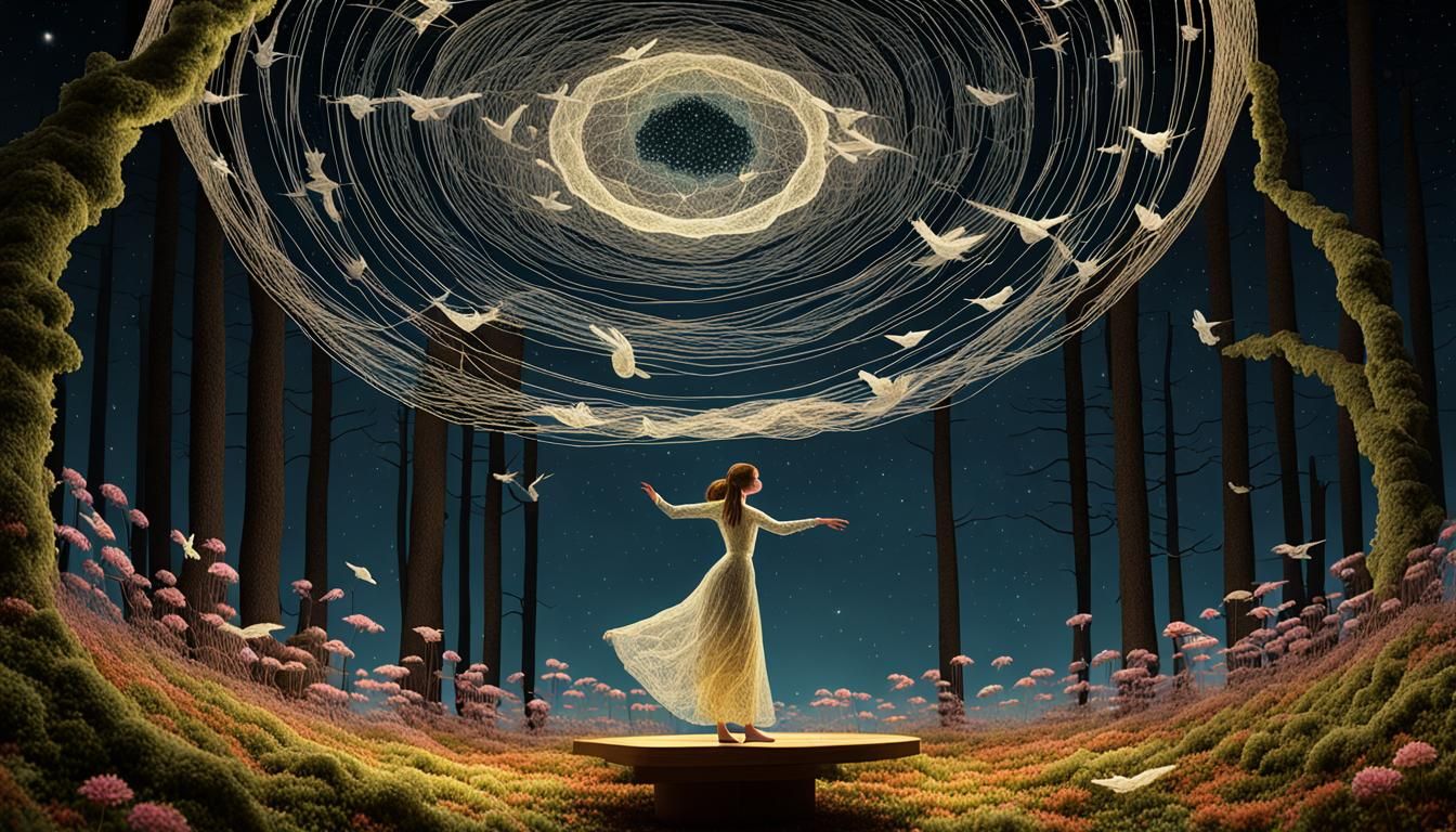 String Woman Dancing in Flower Network, Digital Art